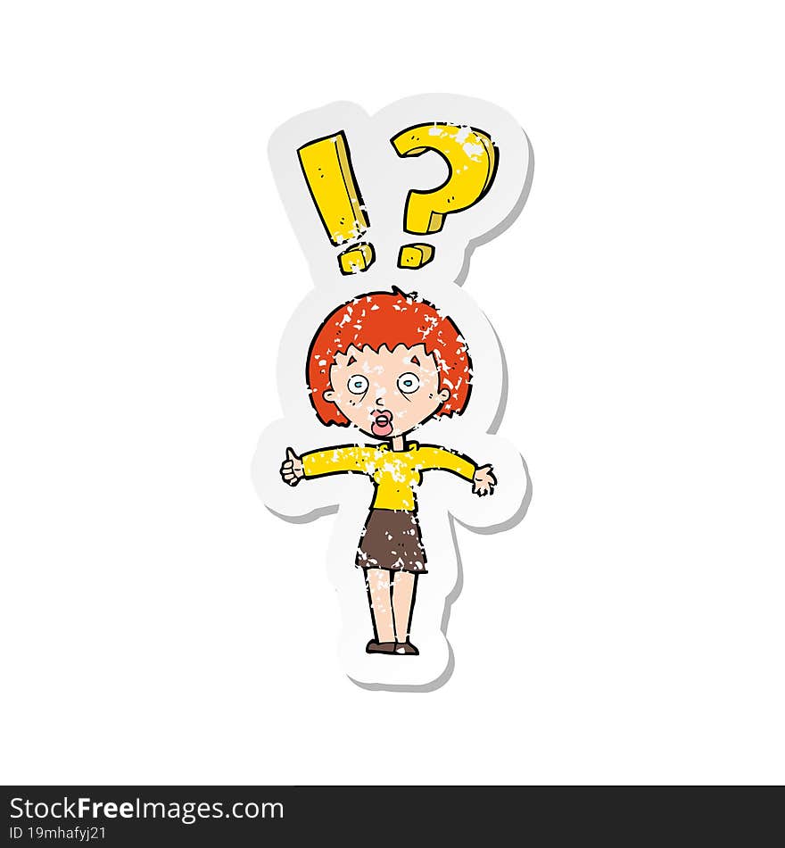 Retro Distressed Sticker Of A Cartoon Woman Asking Question