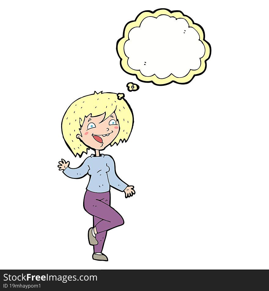 cartoon laughing woman with thought bubble