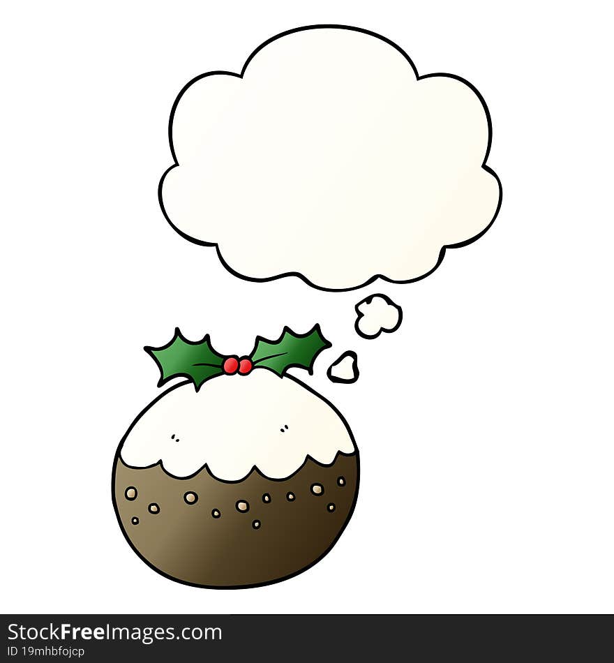 cartoon christmas pudding and thought bubble in smooth gradient style