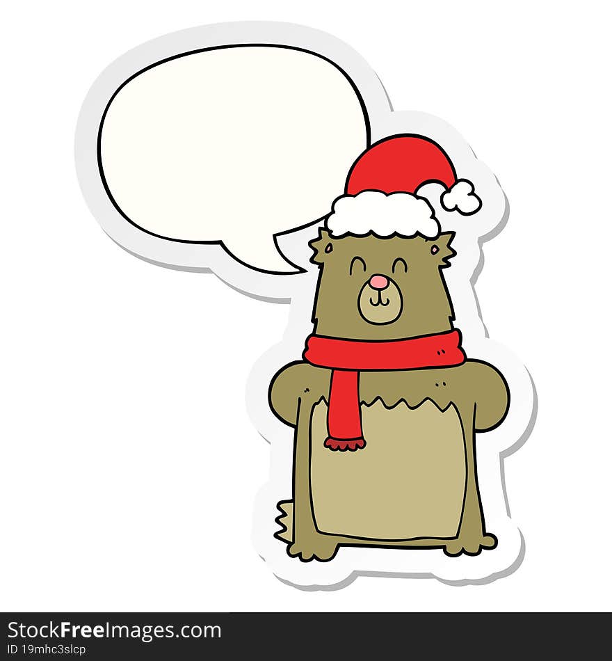 cartoon bear wearing christmas hat and speech bubble sticker