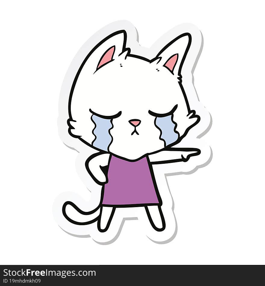 sticker of a crying cartoon cat in dress pointing