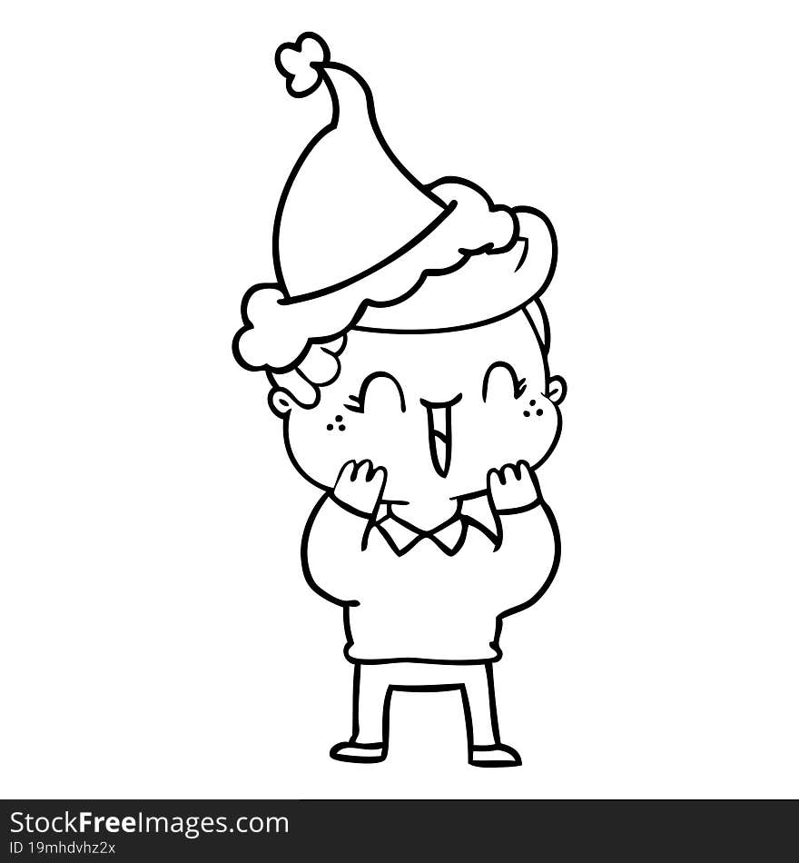 hand drawn line drawing of a laughing boy wearing santa hat