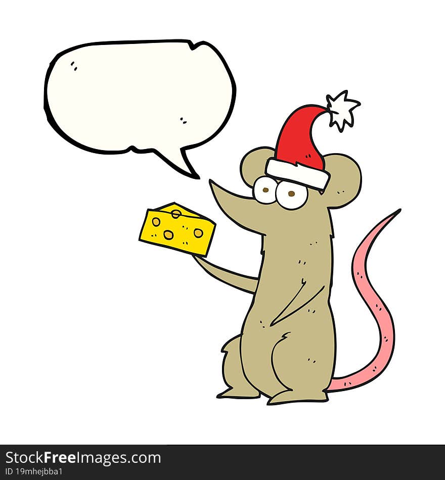 freehand drawn speech bubble cartoon christmas mouse with cheese