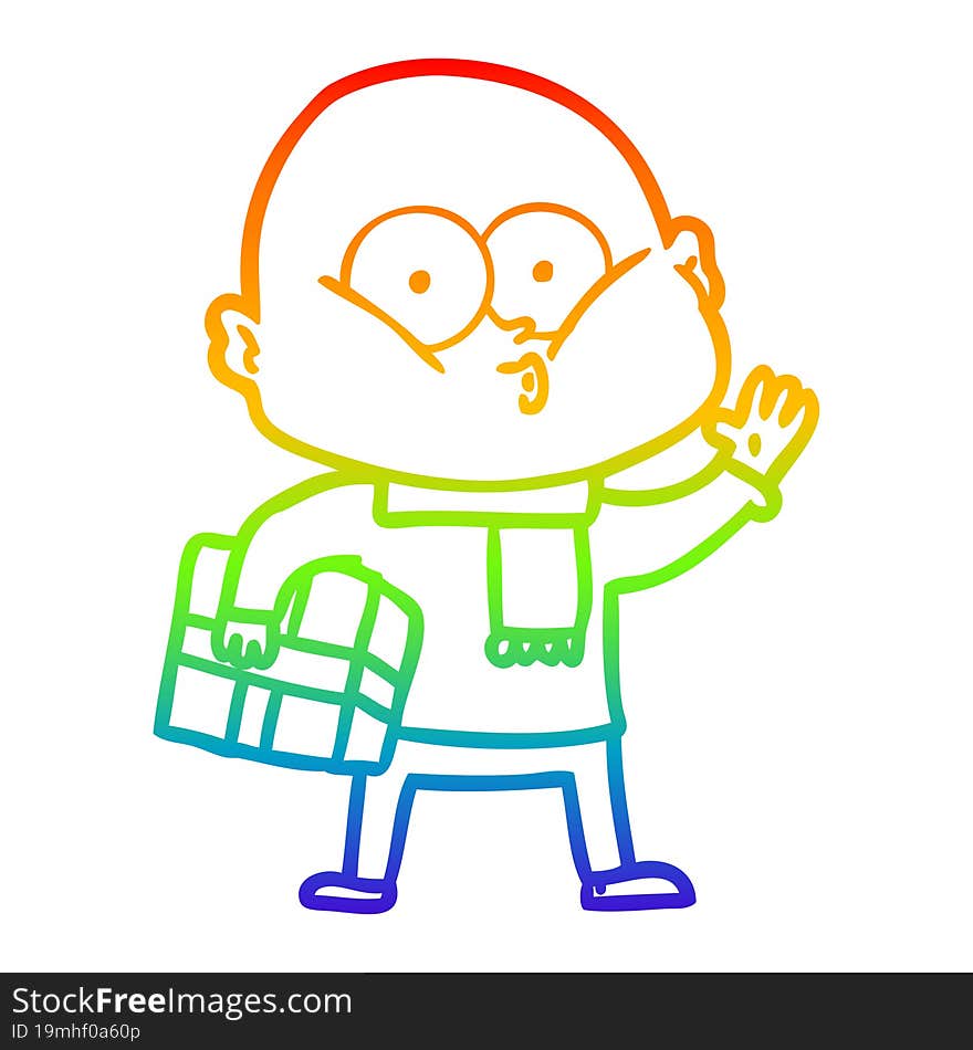 rainbow gradient line drawing cartoon bald man staring