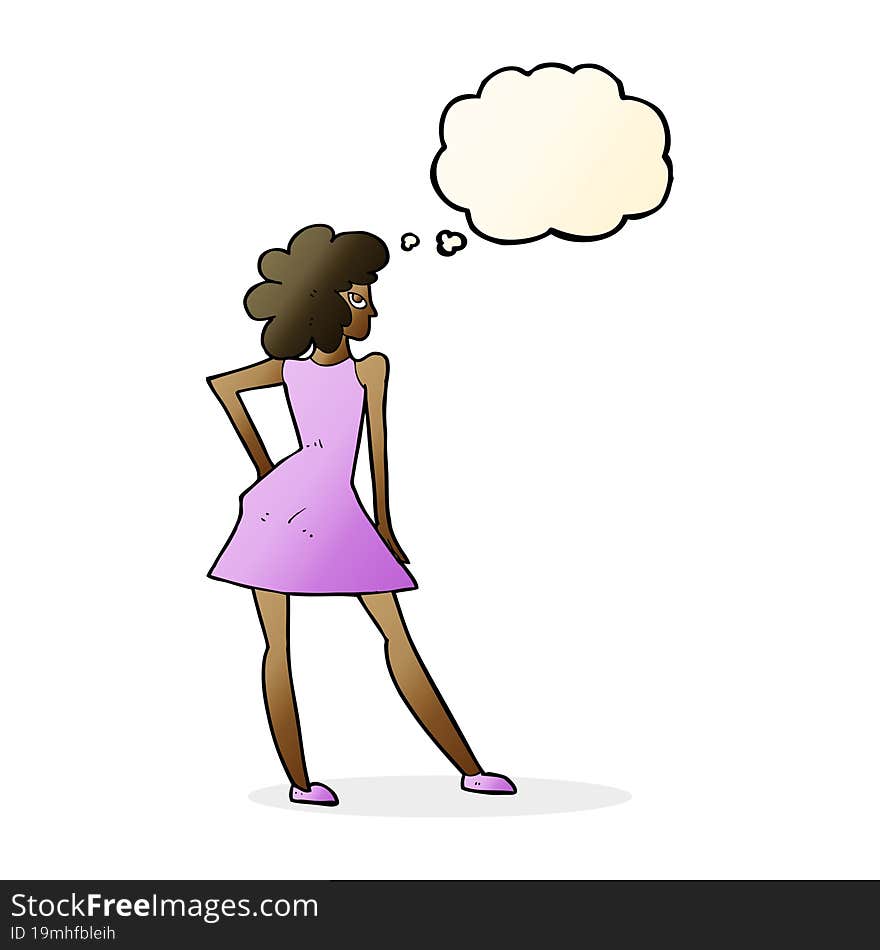 cartoon woman posing in dress with thought bubble