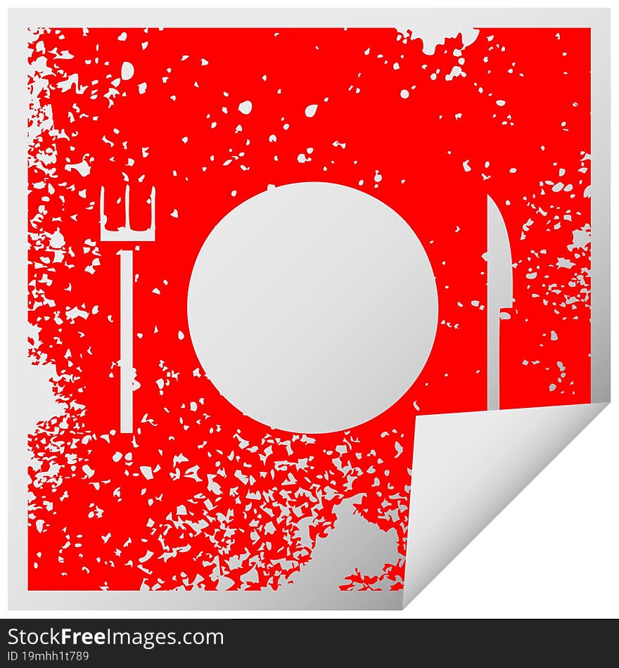 distressed square peeling sticker symbol plate and cutlery