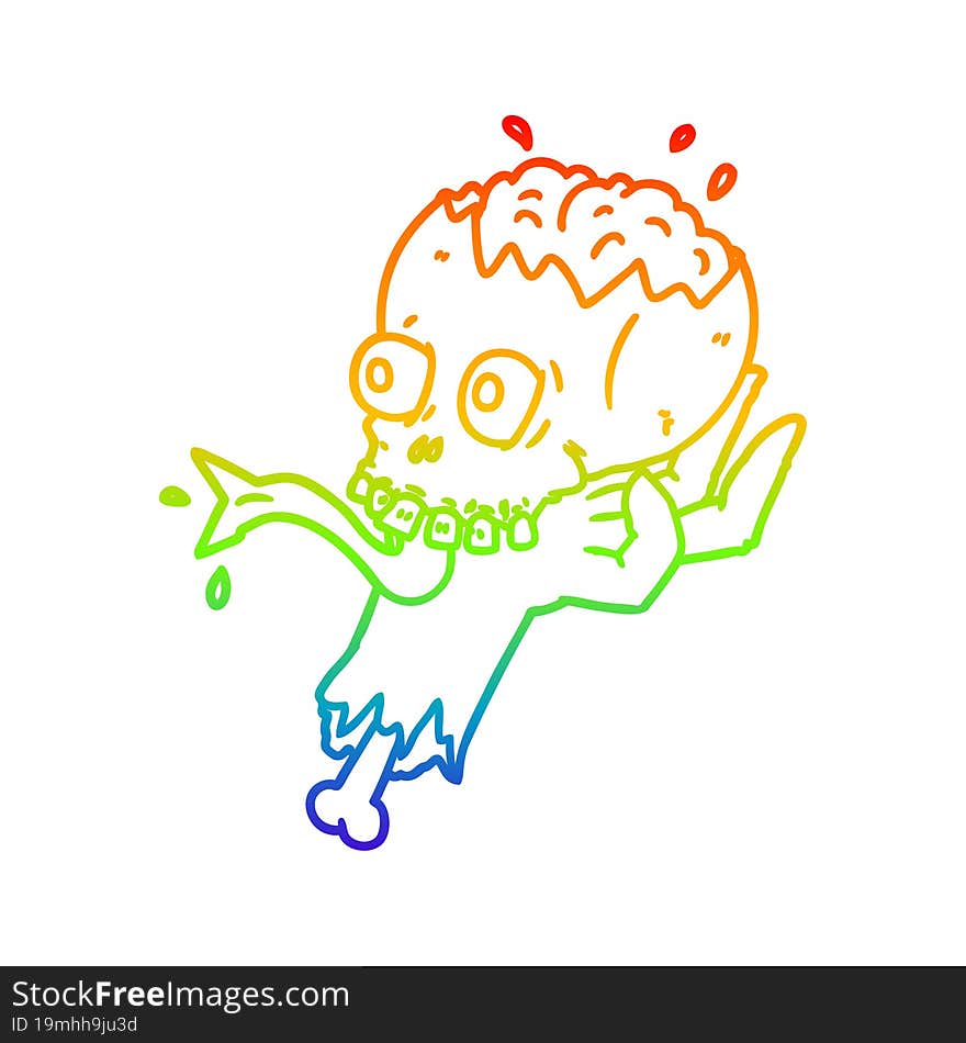 rainbow gradient line drawing cartoon halloween skull in zombie hand