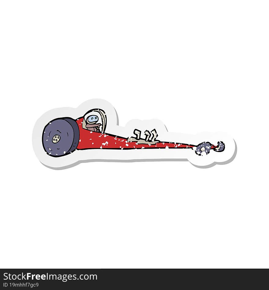 Retro Distressed Sticker Of A Cartoon Drag Racer