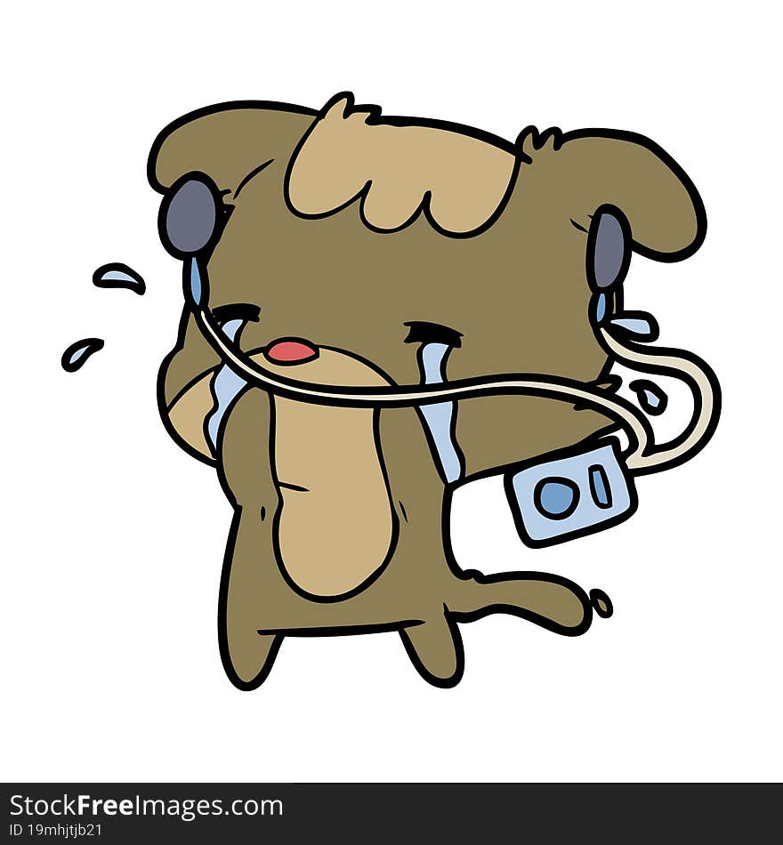 cartoon sad dog crying listening to music. cartoon sad dog crying listening to music