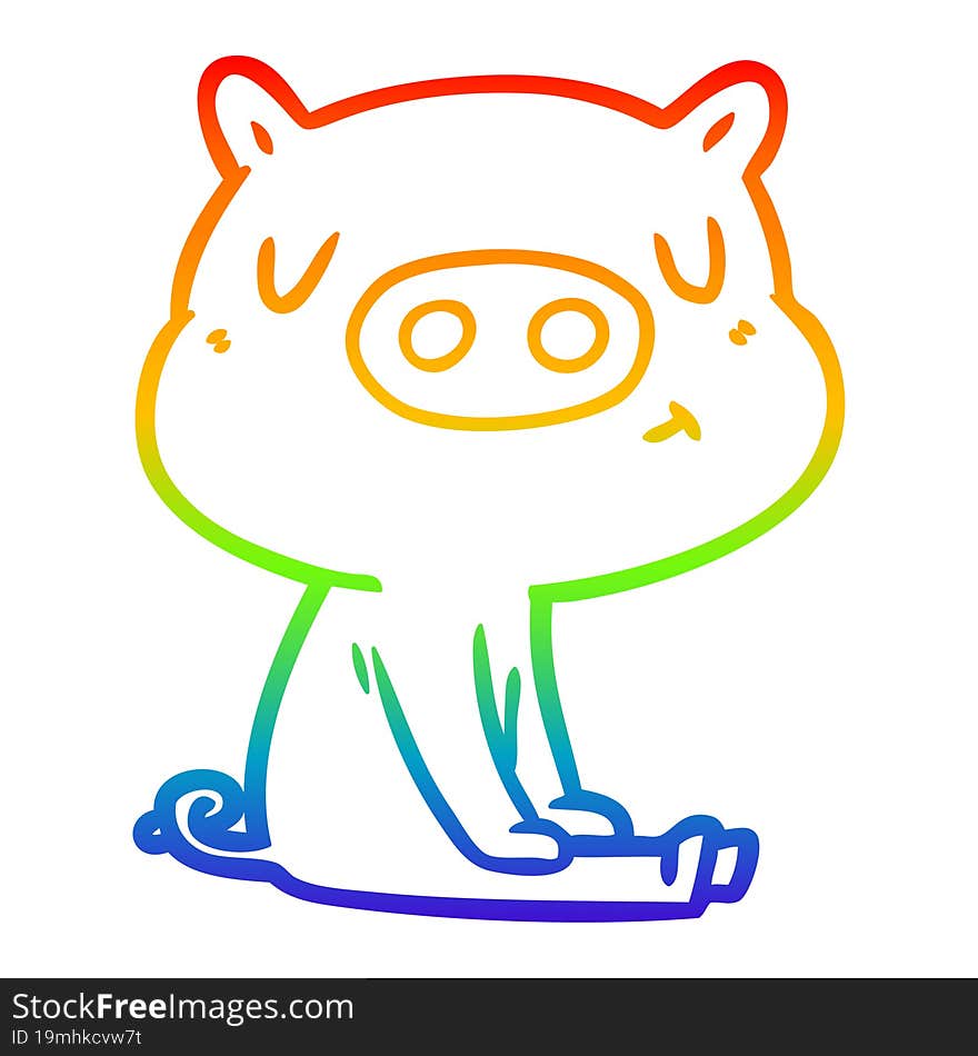 rainbow gradient line drawing of a cartoon content pig meditating