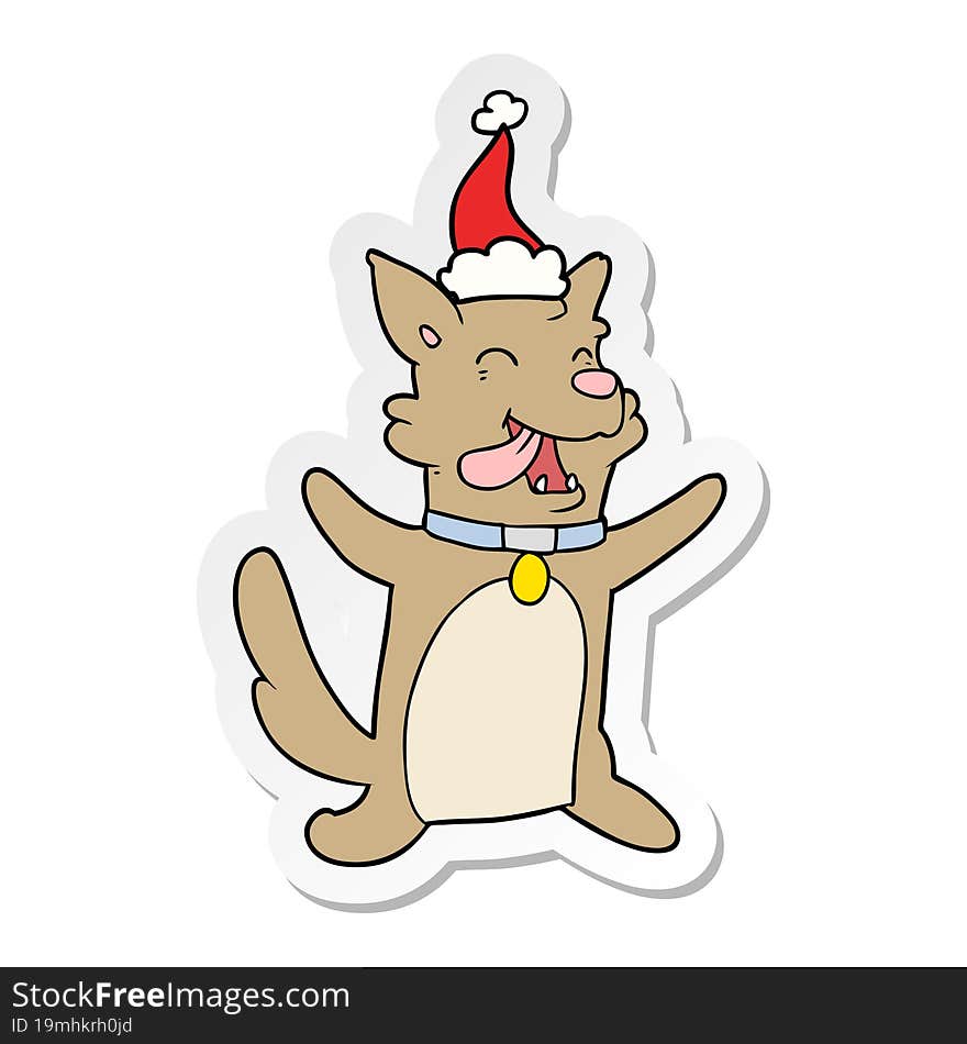 sticker cartoon of a happy dog wearing santa hat