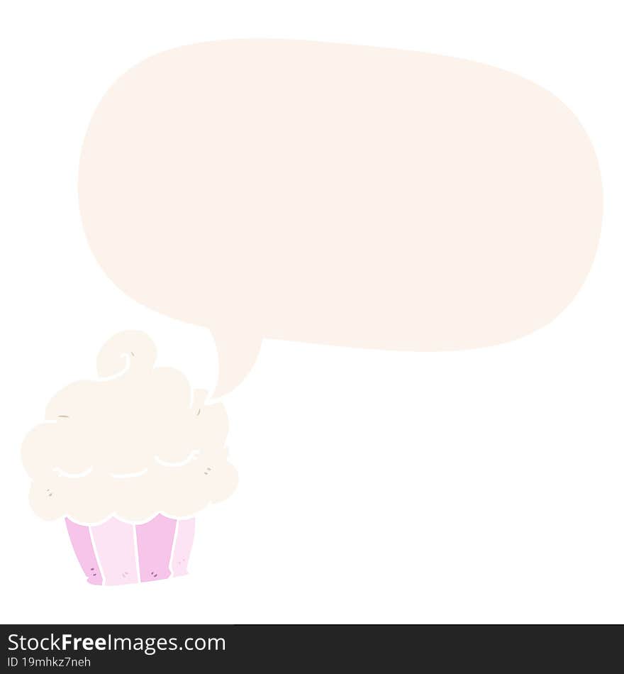 funny cartoon cupcake with speech bubble in retro style