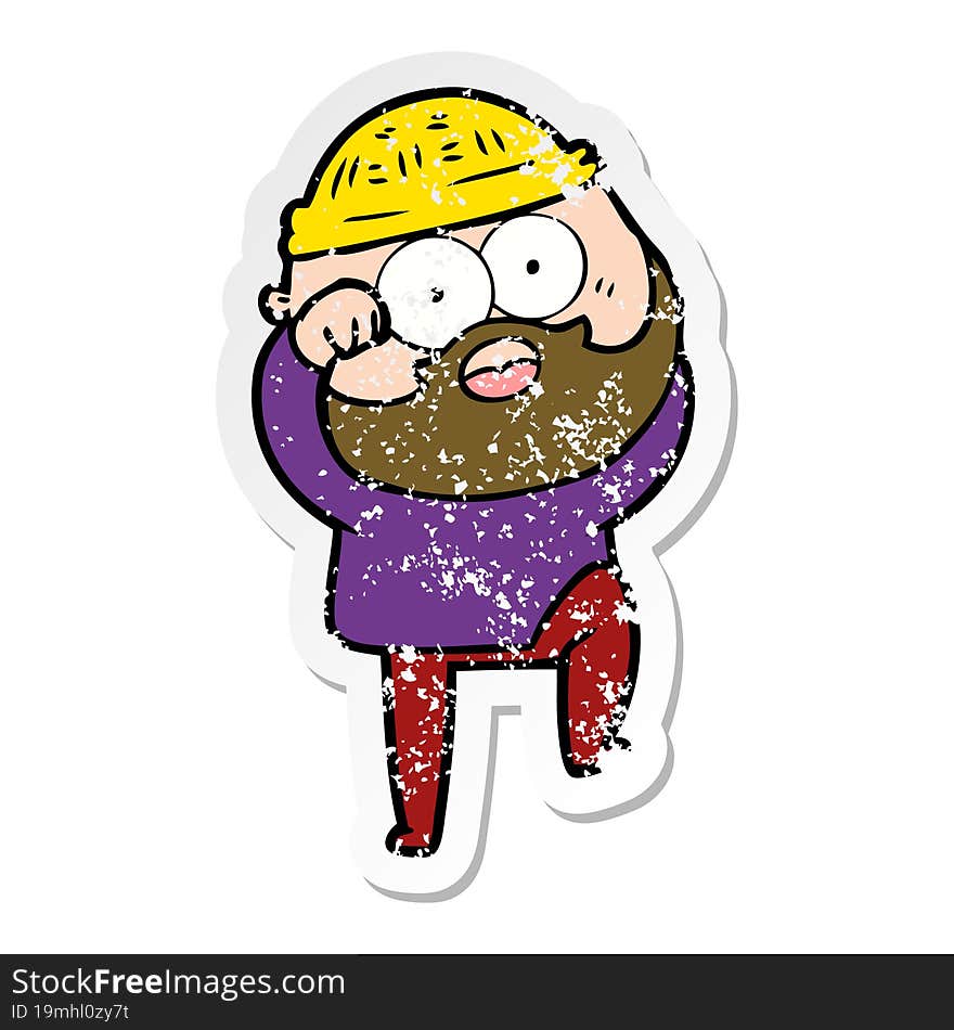 distressed sticker of a cartoon surprised bearded man