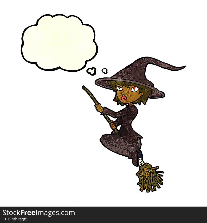 cartoon witch riding broomstick with thought bubble