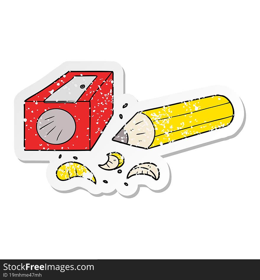 distressed sticker of a cartoon pencil and sharpener