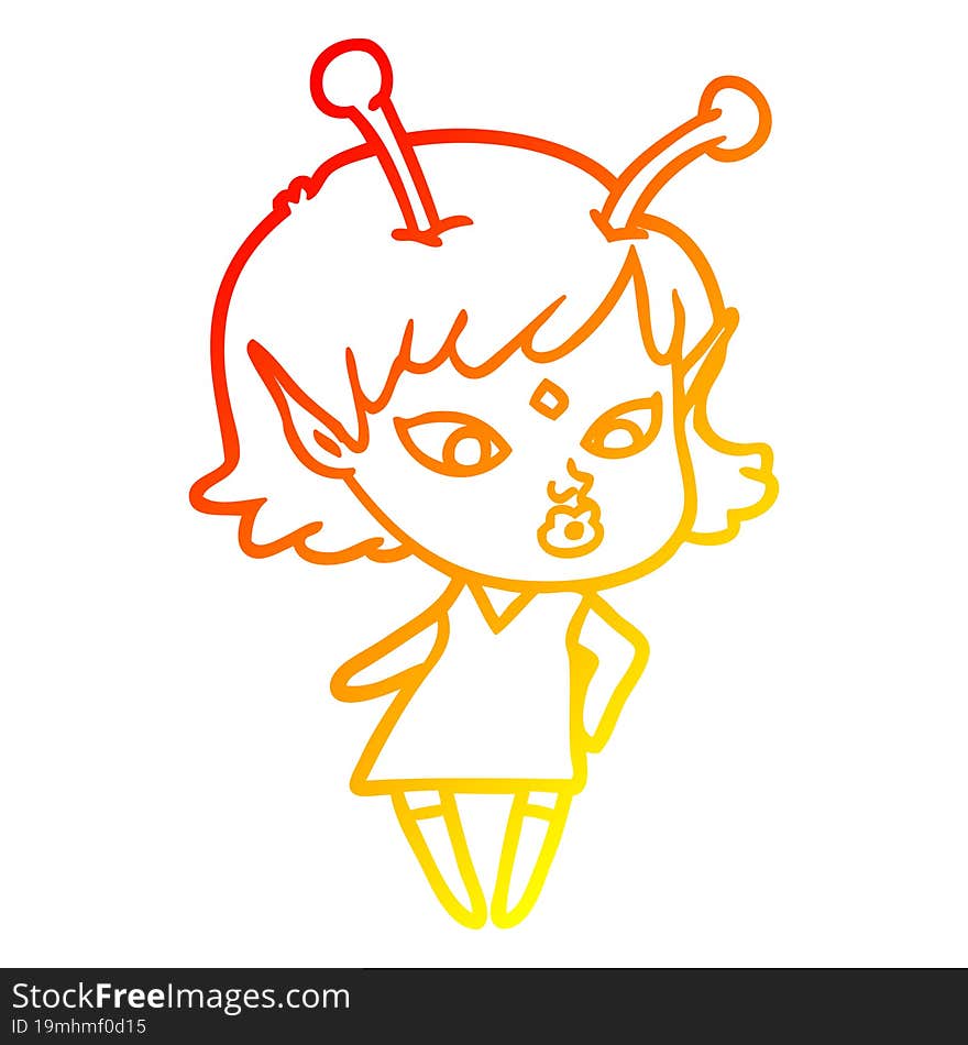 warm gradient line drawing pretty cartoon alien girl