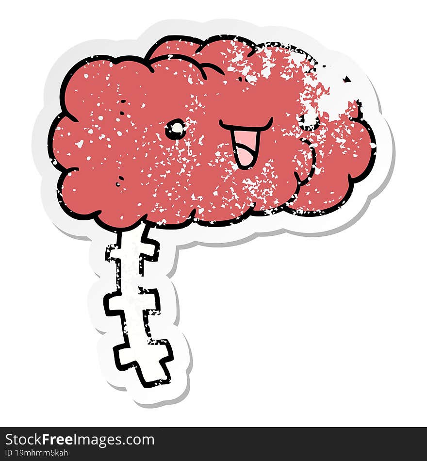 Distressed Sticker Of A Happy Cartoon Brain