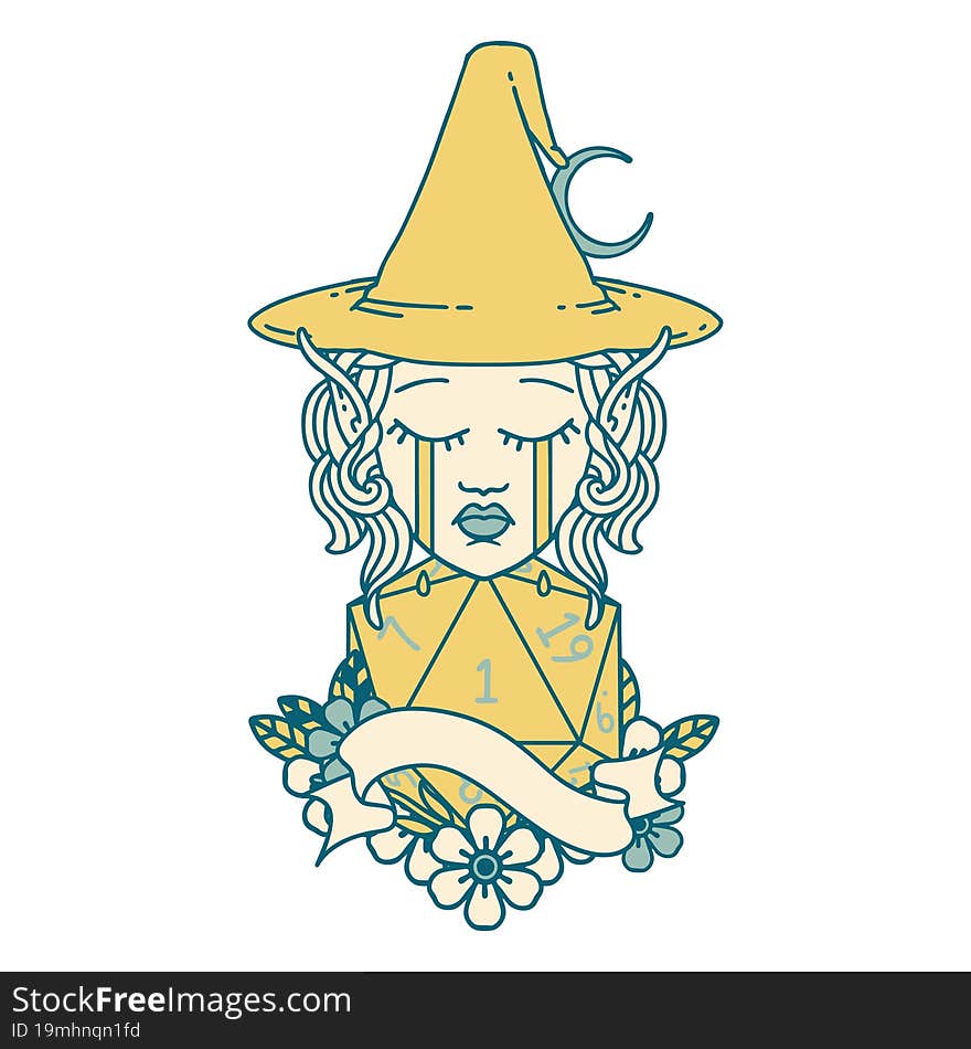 crying elf mage character face with natural one D20 roll illustration