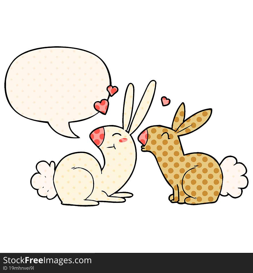 cartoon rabbits in love and speech bubble in comic book style