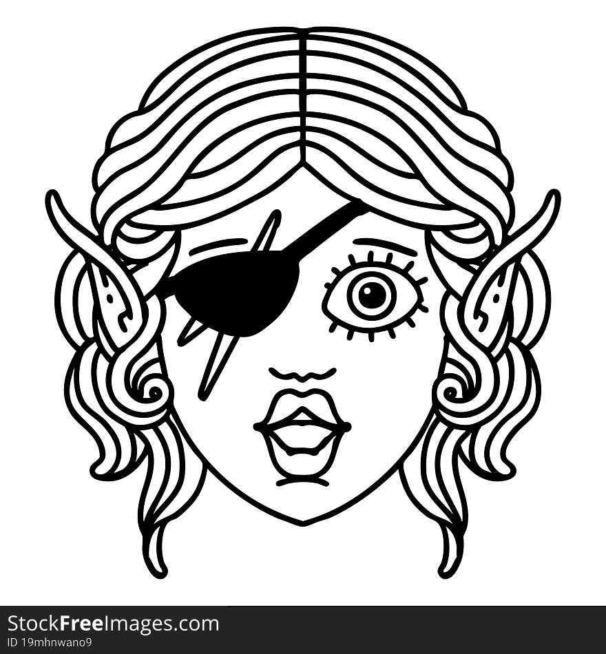 Black and White Tattoo linework Style elf rogue character face. Black and White Tattoo linework Style elf rogue character face