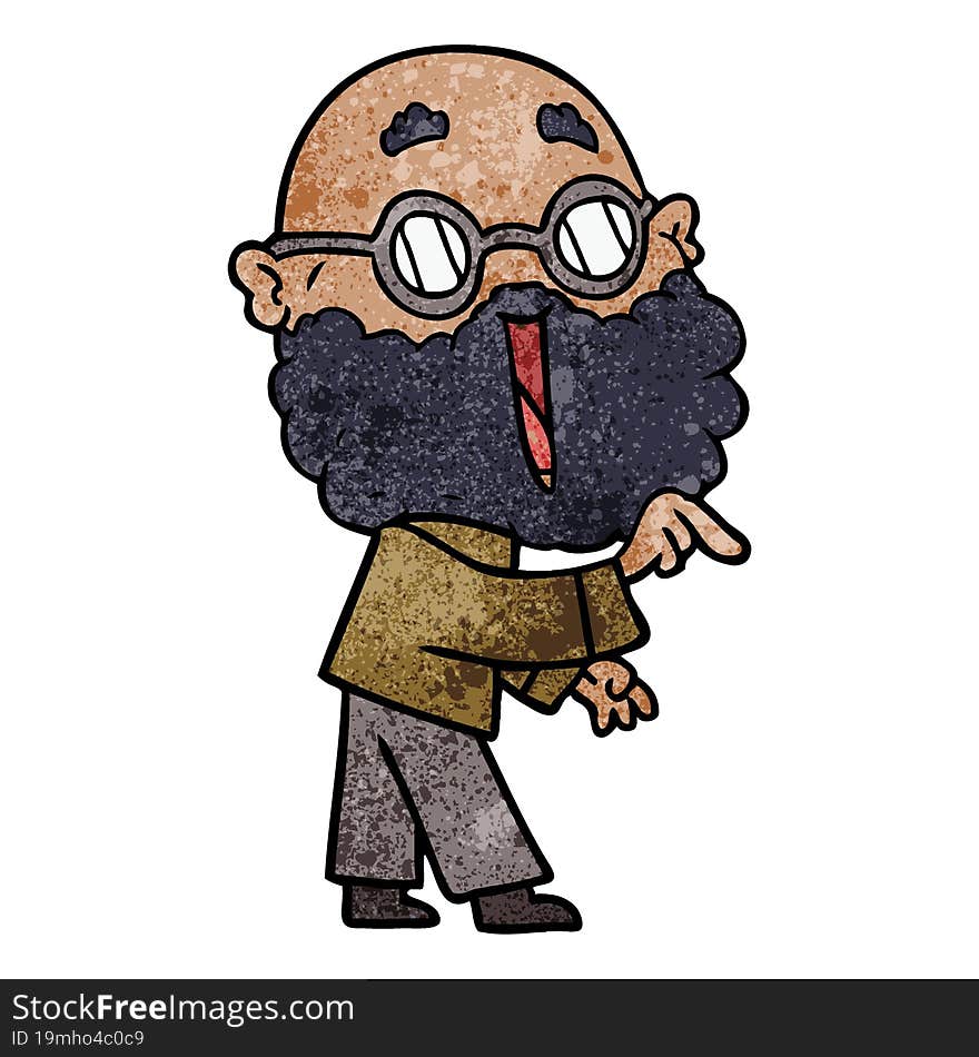 cartoon joyful man with beard pointing finger. cartoon joyful man with beard pointing finger