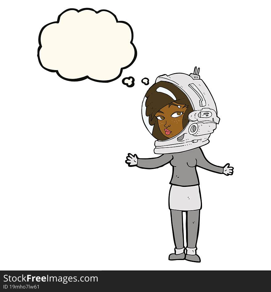 cartoon woman wearing astronaut helmet with thought bubble