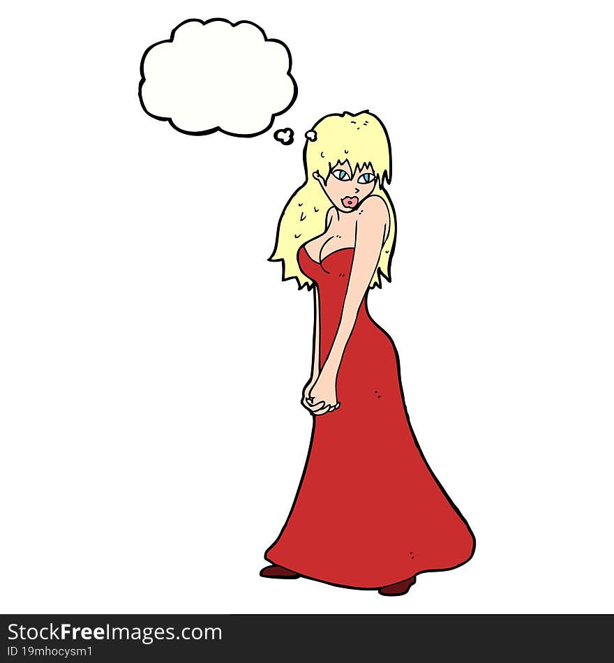 cartoon pretty woman in dress with thought bubble