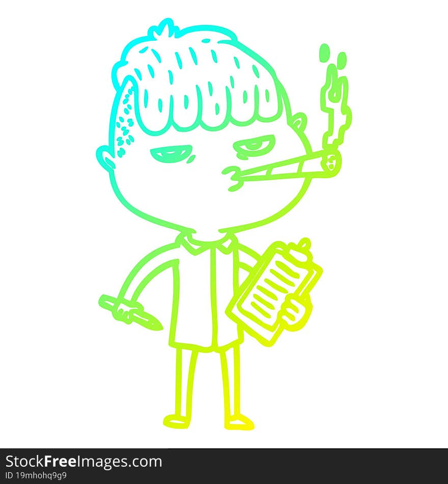 cold gradient line drawing of a cartoon salesman smoking