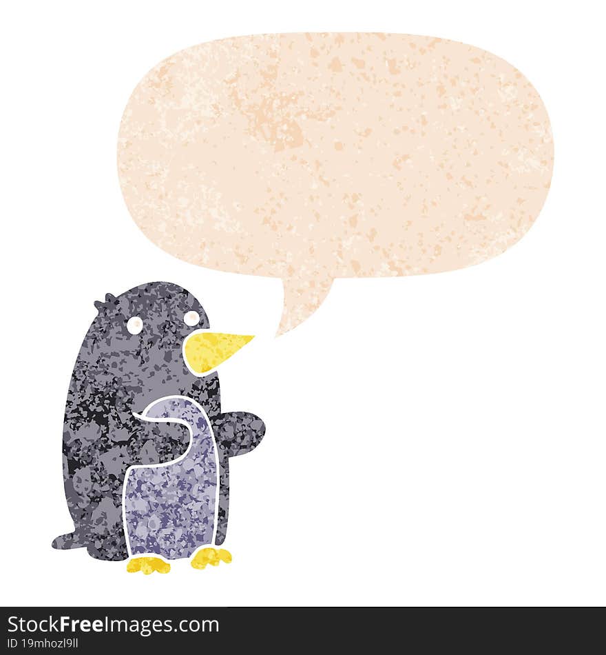 cartoon penguin and speech bubble in retro textured style