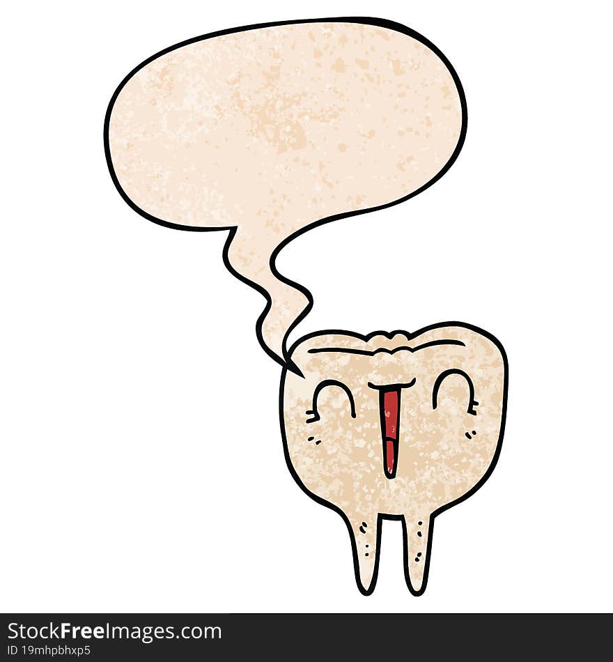 cartoon happy tooth and speech bubble in retro texture style