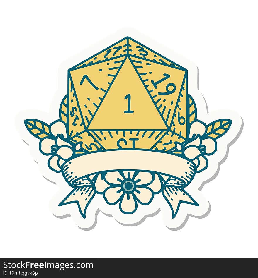 sticker of a natural one d20 dice roll. sticker of a natural one d20 dice roll