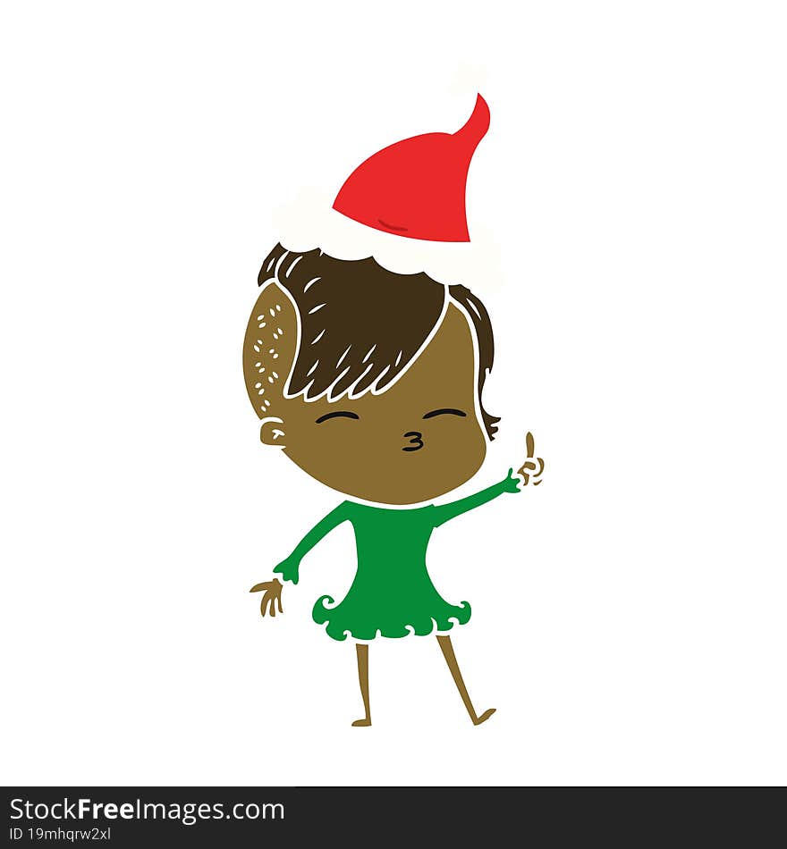 flat color illustration of a squinting girl wearing santa hat