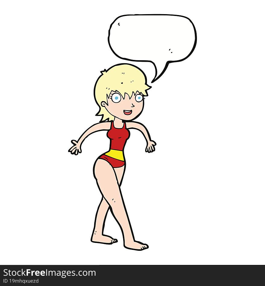 cartoon happy woman in swimming costume with speech bubble