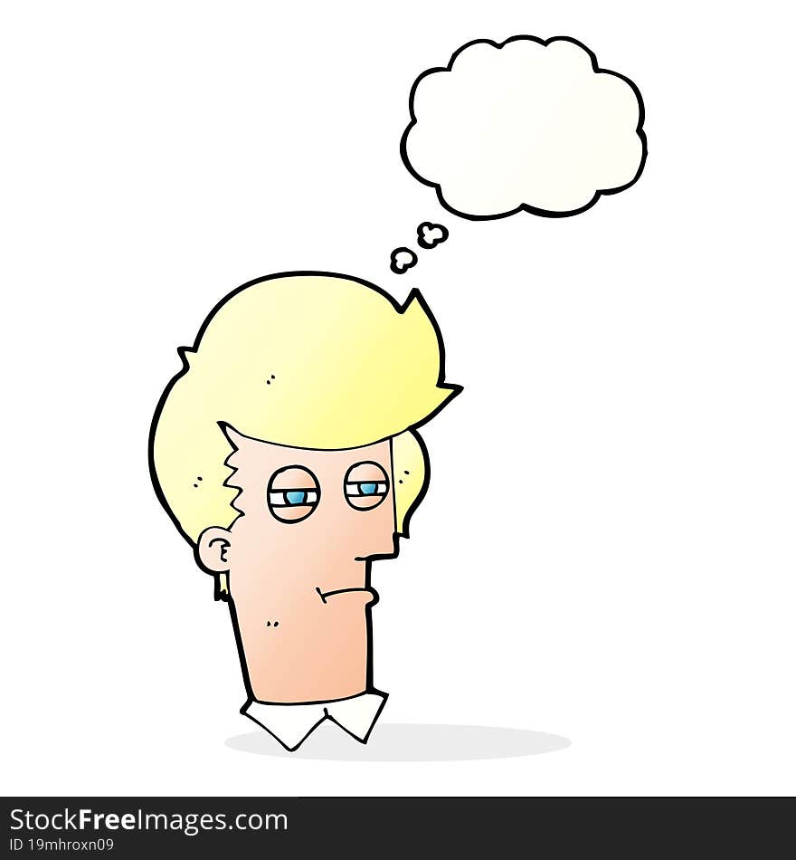 cartoon man with narrowed eyes with thought bubble