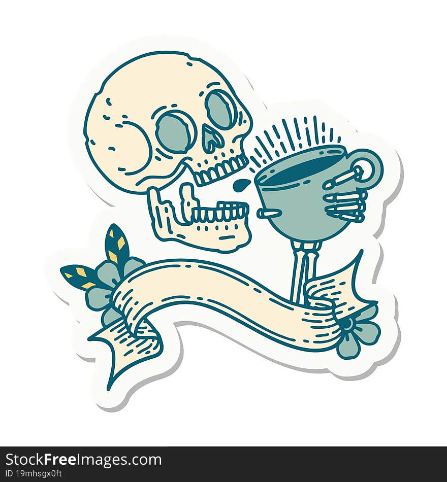 Tattoo Sticker With Banner Of A Skull Drinking Coffee