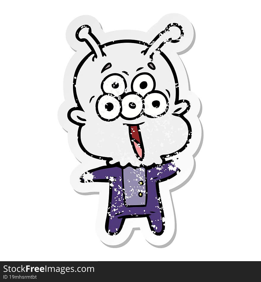 distressed sticker of a happy cartoon alien