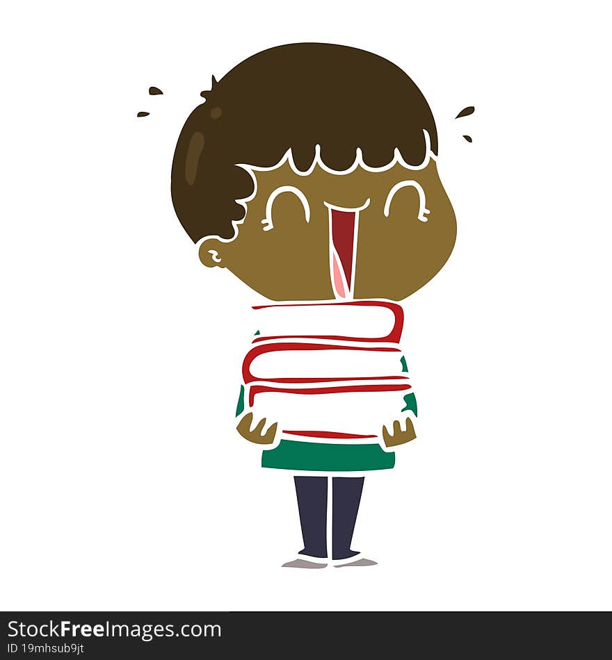 laughing flat color style cartoon man holding stack of books