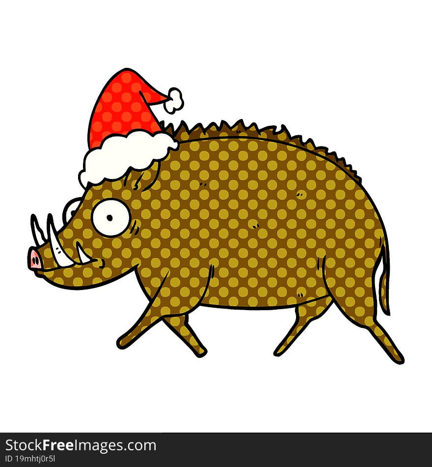 Comic Book Style Illustration Of A Wild Boar Wearing Santa Hat