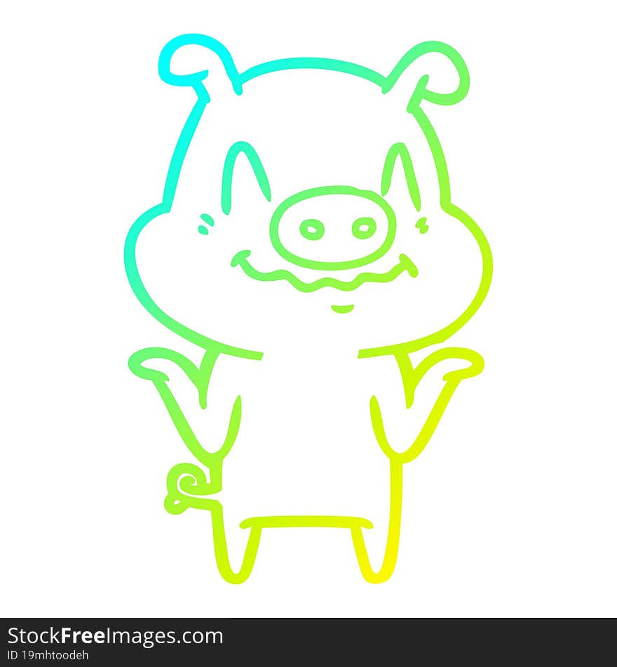 cold gradient line drawing of a nervous cartoon pig