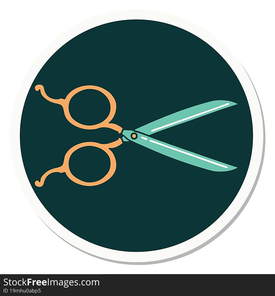 sticker of tattoo in traditional style of barber scissors. sticker of tattoo in traditional style of barber scissors