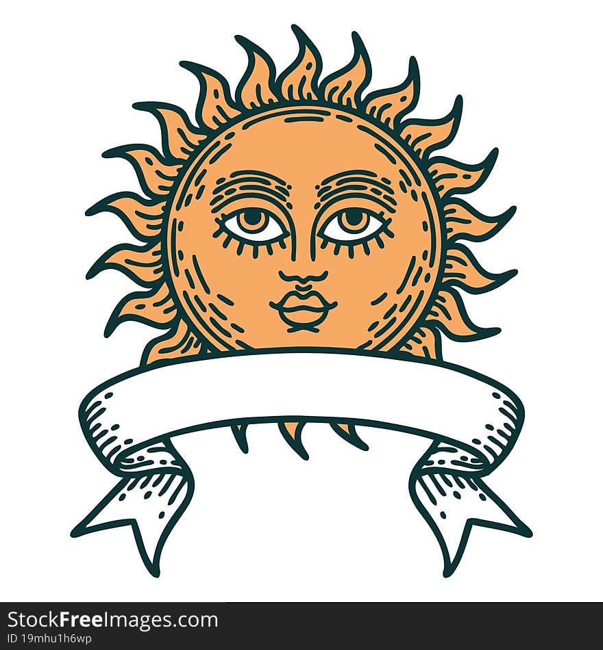 traditional tattoo with banner of a sun with face