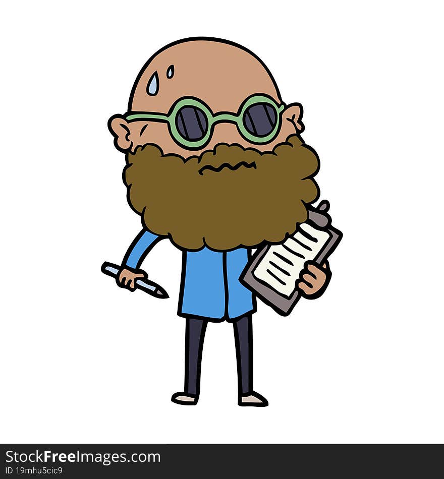 cartoon worried man with beard and sunglasses taking survey. cartoon worried man with beard and sunglasses taking survey