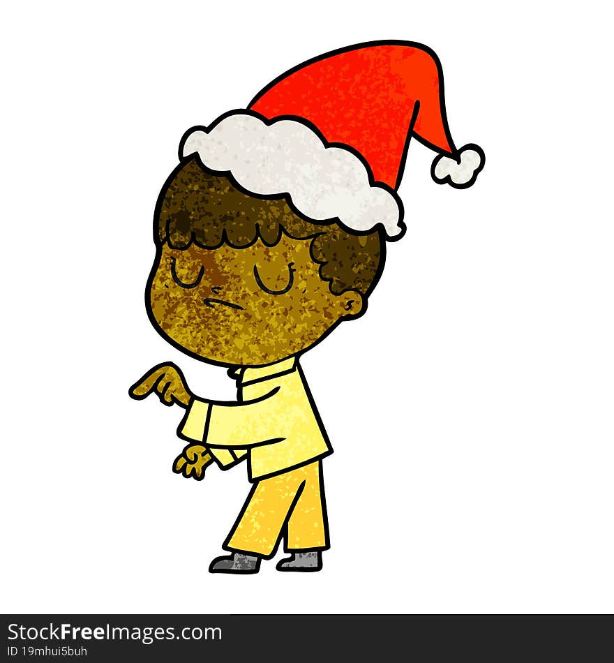 textured cartoon of a grumpy boy wearing santa hat