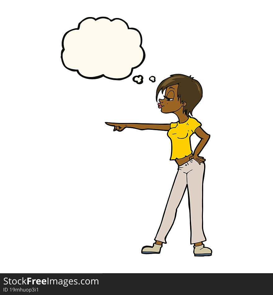 cartoon woman pointing with thought bubble