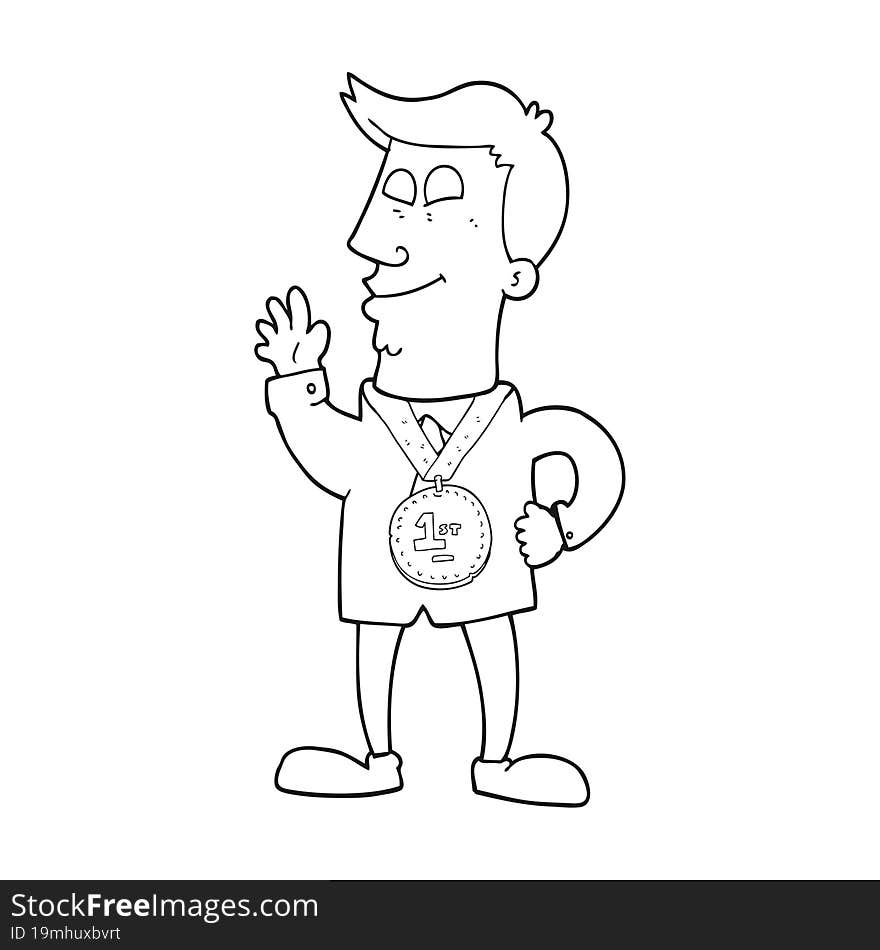 black and white cartoon waving man with award