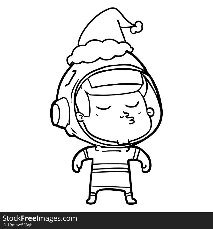 line drawing of a confident astronaut wearing santa hat