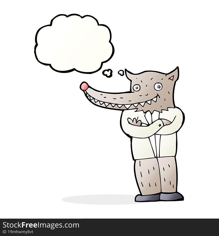 cartoon wolf man with thought bubble