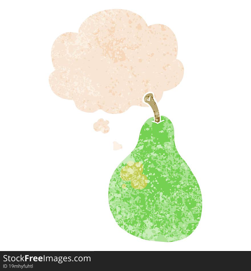 cartoon pear and thought bubble in retro textured style