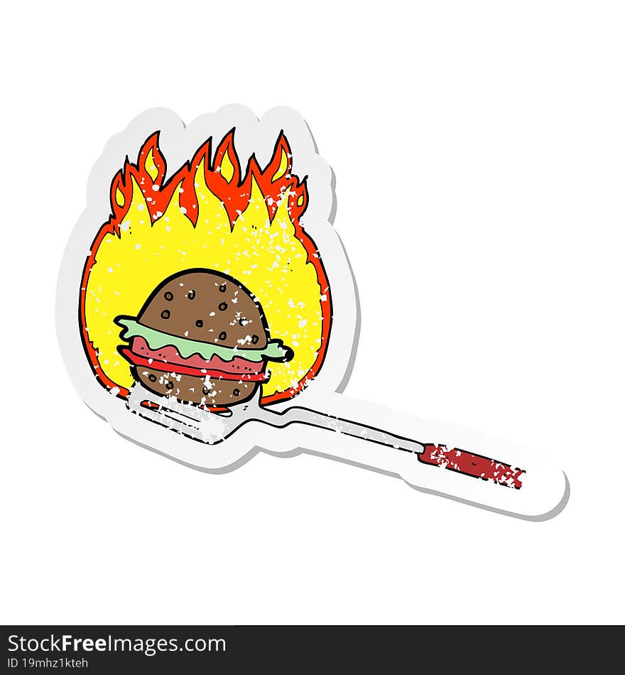 retro distressed sticker of a cartoon cooking burger