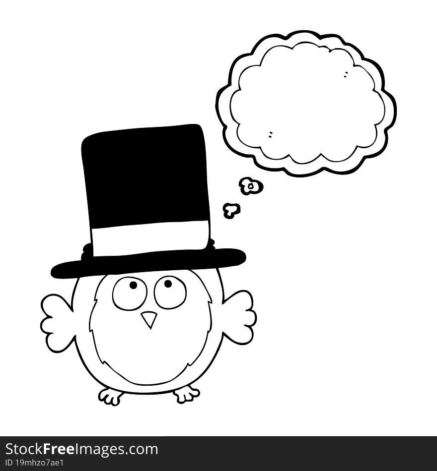 freehand drawn thought bubble cartoon owl wearing top hat